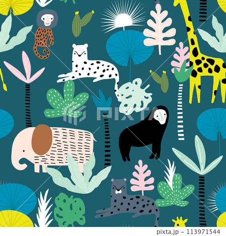 Seamless pattern with giraffe, leopard,tucan, elephant and tropical flora. Creative jungle childish texture. Great for fabric, textile Vector Illustration 113971544