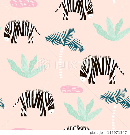 Seamless pattern with zebra and palm tree. Creative jungle childish texture. Great for fabric, textile Vector Illustration Seamless pattern with zebra and palm tree. Creative jungle childish texture. Great for fabric, textile Vector Illustration 113971547