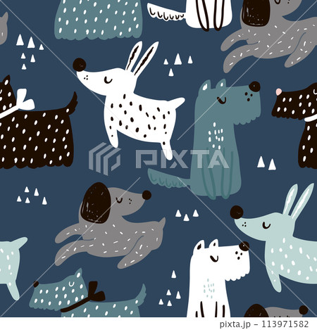 Childish seamless pattern with hand drawn dogs. Trendy scandinavian vector background. Perfect for kids apparel,fabric, textile, nursery decoration,wrapping paper 113971582