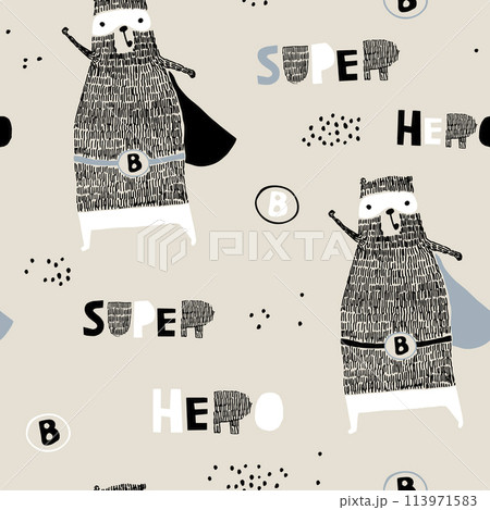 Seamless pattern with hand drawn bear hero. Creative childish texture in scandinavian style. Great for fabric, textile Vector Illustration 113971583