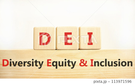DEI diversity equity and inclusion symbol. Concept words DEI diversity equity and inclusion on blocks. Beautiful white background. Business DEI diversity equity and inclusion concept. Copy space. 113971596