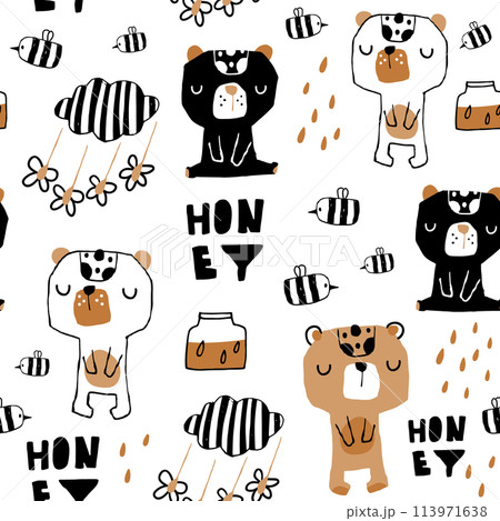 Seamless childish pattern with cute bears, honey, bee. Creative scandinavian style kids texture for fabric, wrapping, textile, wallpaper, apparel. Vector illustration 113971638