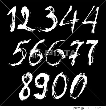 Set of calligraphic numbers painted by white brush on isolated black background. Lettering for your design. Vector illustration. 113971759
