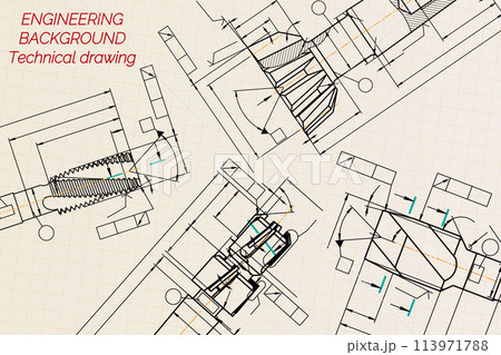 Mechanical engineering drawings on sepia background. Tap tools, borer. Technical Design. Cover. Blueprint. Vector illustration. 113971788