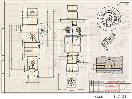 Mechanical engineering drawings on sepia background. Tap tools, borer. Technical Design. Cover. Blueprint. Vector illustration. 113971819