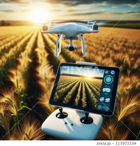 white drone flying over the green field white drone flying over the green field 113972104