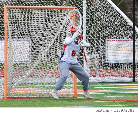 Girls lacrosse goalie guarding the goal during a game 113972388