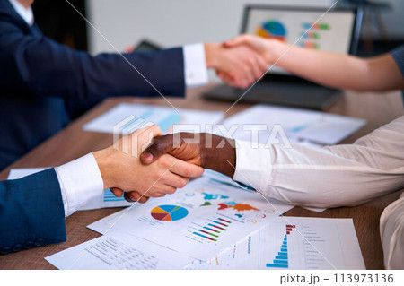 Multiracial business professionals seal agreement, shaking hands over data charts, teamwork, negotiation. Office setting, multiethnic inclusion in deal-making, signifies corporate unity, consensus. 113973136