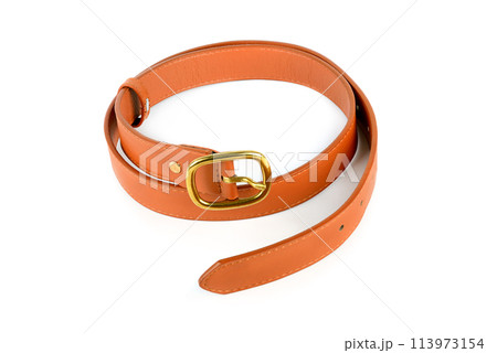 Women's brown leather belt with golden metal buckle isolated on white. Women's brown leather belt with golden metal buckle isolated on white. 113973154
