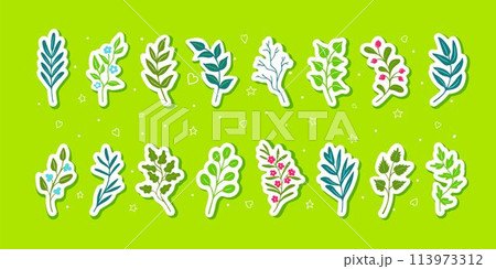 Bright green leaves and twigs, sticker sheet 113973312