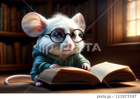 cute adorable white mouse reading a book in the library 113973397