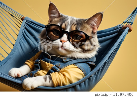 cat lies in a hammock, vacation, isolated on a yellow background, art 113973406