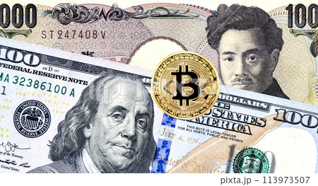 American dollar banknote, Japanese yen banknote and cryptocurrency Bitcoin American dollar banknote, Japanese yen banknote and cryptocurrency Bitcoin 113973507