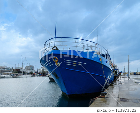 blue ship in port in Limassol Cyprus 113973522
