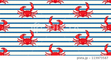Coastal, sea life pattern  cute red crabs with nautical, sailor style rope on white background 113973587