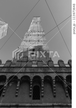 Asinelli Tower in Bologna in black and white showing historic stature 113973648