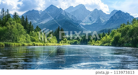 Scenery of Lake, Forest and Mountains, Generative AI Scenery of Lake, Forest and Mountains, Generative AI 113973813