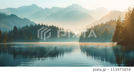 Scenery of Lake, Forest and Mountains, Generative AI 113973858