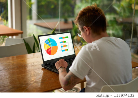Transgender employee analyzes data for project on laptop at modern workspace. Focused pro prepares business presentation colorful pie charts. Inclusive workplace, gender diversity in office. 113974132