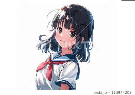 夏のセーラー服を着た笑顔の女子高生（AI生成画像） 113974208