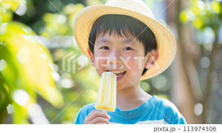 アイスを食べる日本人の少年 113974506