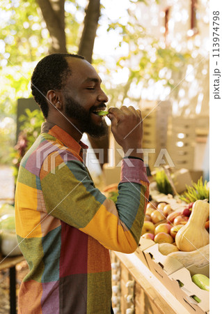 Portrait of smiling male individual tasting apple before buying bio produce, shopping for natural organic products at farmers market. Young black man enjoying food tasting fresh local produce. 113974798