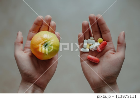 Close up of one hand showing medical pills and one hand showing fruits, Natural or pharmaceutical Close up of one hand showing medical pills and one hand showing fruits, Natural or pharmaceutical 113975111