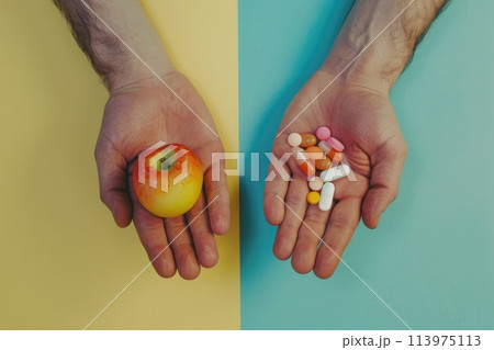 Close up of one hand showing medical pills and one hand showing fruits, Natural or pharmaceutical Close up of one hand showing medical pills and one hand showing fruits, Natural or pharmaceutical 113975113