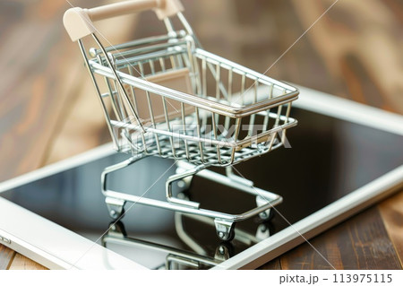 Shipping paper boxes inside shopping cart trolley on tablet and copy space, Online shopping concept 113975115