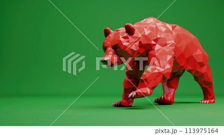 A red bear made out of polygon shape in 3d flying on a green background, Bearish Stock Market 113975164
