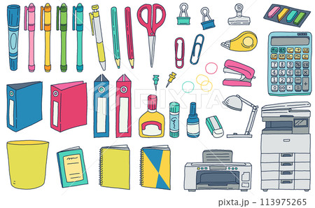 オフィス用品の文房具の手描きイラストセット 113975265
