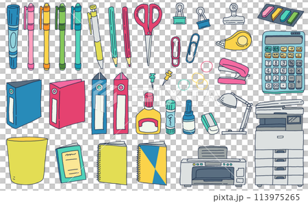 オフィス用品の文房具の手描きイラストセット 113975265