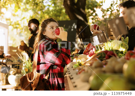 Standing in front of the farmers market stand, healthy customer enjoys the organic natural smell of apples. Before purchasing homegrown eco produce from the counter, a woman smells bio fruits. Standing in front of the farmers market stand, healthy customer enjoys the organic natural smell of apples. Before purchasing homegrown eco produce from the counter, a woman smells bio fruits. 113975449