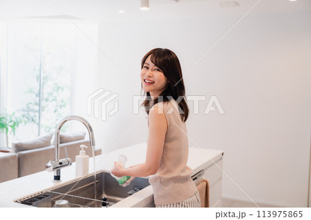 キッチンで洗い物をする若い女性 キッチンで洗い物をする若い女性 113975865