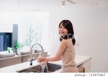 キッチンで洗い物をする若い女性 113975867