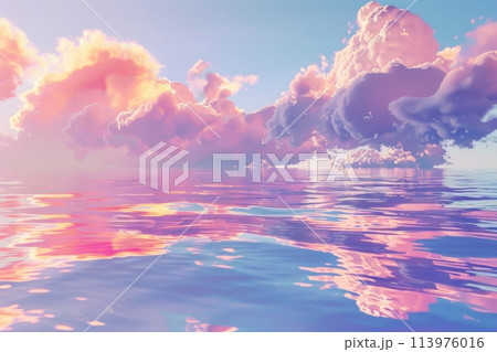 Tranquil ocean view with whimsical, pastel-hued clouds mirroring on calm waters 113976016