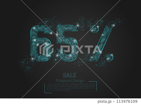 Abstract isolated blue 65 percent sale concept. Polygonal illustration looks like stars in the black night sky in space or flying glass shards. Digital design for website, web, internet. 113976109