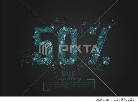 Abstract isolated blue 50 percent sale concept. Polygonal illustration looks like stars in the black night sky in space or flying glass shards. Digital design for website, web, internet. Abstract isolated blue 50 percent sale concept. Polygonal illustration looks like stars in the black night sky in space or flying glass shards. Digital design for website, web, internet. 113976125