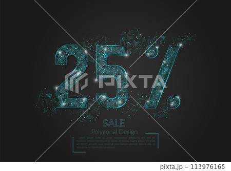 Abstract isolated blue 25 percent sale concept. Polygonal illustration looks like stars in the black night sky in space or flying glass shards. Digital design for website, web, internet. 113976165