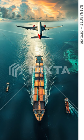 Stunning aerial view of a cargo ship and airplane, showcasing the beauty of logistics and travel over the ocean 113976178