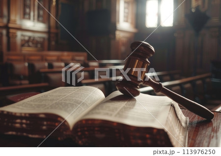 Wooden gavel sits on top of an open law book in a courtroom, symbolizing legal authority and justice 113976250