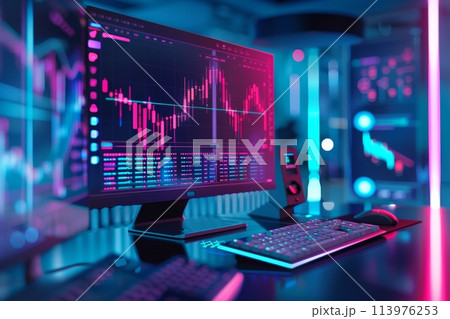 Modern financial data analysis setup with glowing screens and statistics visualized through creative visualization 113976253