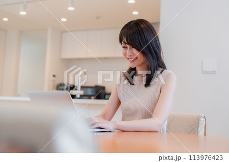 在宅勤務をする若い女性 在宅勤務をする若い女性 113976423