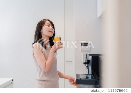 家事をしながらアルコールを飲む若い女性 家事をしながらアルコールを飲む若い女性 113976662
