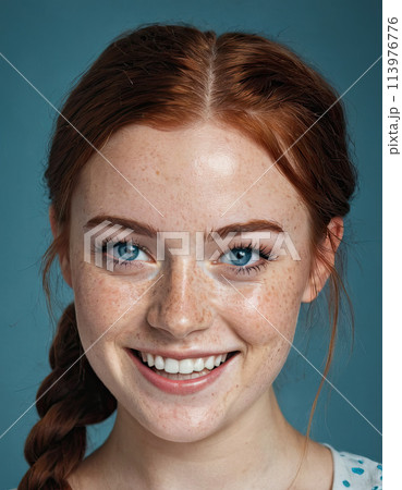 Redhead woman portrait: Happy smiling lady with freckles and vibrant redhead braids. Redhead woman portrait: Happy smiling lady with freckles and vibrant redhead braids. 113976776