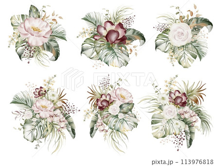 Set of watercolor roses. Botanical composition of tropical leaves and flowers. Bouquet of australian plants and orchid branches. Wedding stationery, fashion, card, poster. Pink and pale beige bud. Set of watercolor roses. Botanical composition of tropical leaves and flowers. Bouquet of australian plants and orchid branches. Wedding stationery, fashion, card, poster. Pink and pale beige bud. 113976818