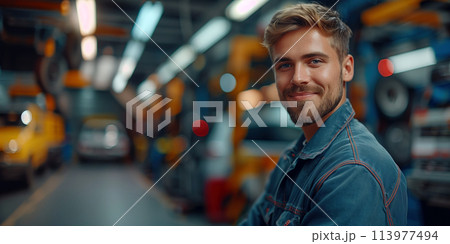 portrait of a handsome young man working in a car repair shop 113977494