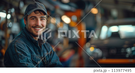 portrait of smiling mechanic with crossed arms in auto repair shop 113977495