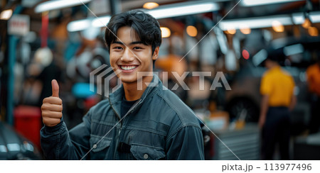 portrait of smiling asian mechanic showing thumbs up in auto repair shop 113977496