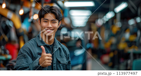 portrait of smiling asian mechanic showing thumbs up in auto repair shop 113977497